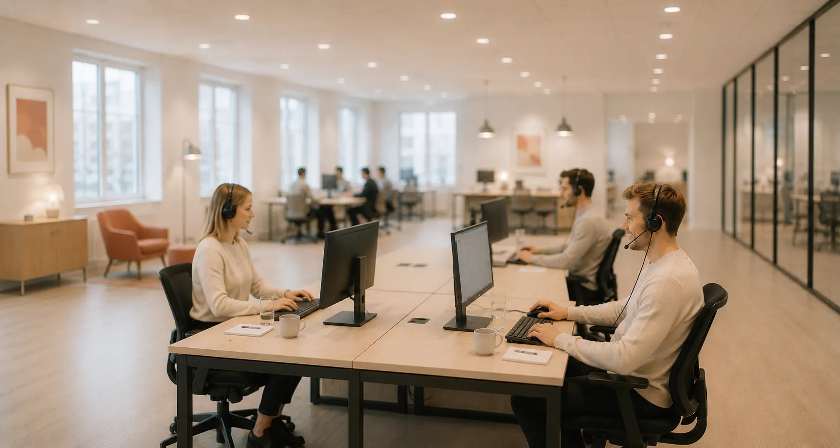 Customer support team answering emails and phone calls